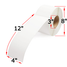 Load image into Gallery viewer, 4" X 12" Thermal Transfer Labels, 4 Rolls, 2000 Labels, 3" Core, 8" OD, Ribbon Required