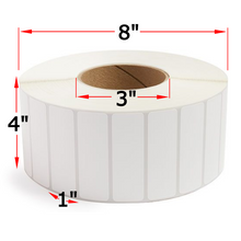 Load image into Gallery viewer, 4" X 1" Thermal Transfer Labels, 4 Rolls, 20000 Labels, 3" Core, 8" OD, Ribbon Required