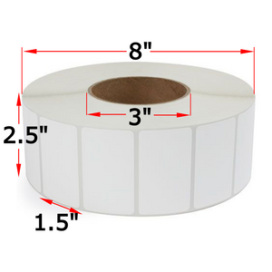 2.5" X 1.5" Thermal Transfer Labels, 6 Rolls, 22590 Labels, 3" Core, 8" OD, Ribbon Required
