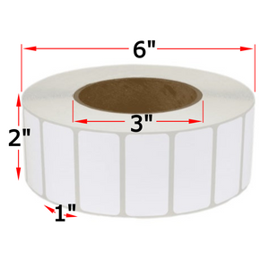 2" X 1" Inkjet Polypropylene Labels, 8 Rolls, 18840 Labels, 3" Core, 6" OD, Gloss, Non-Perf