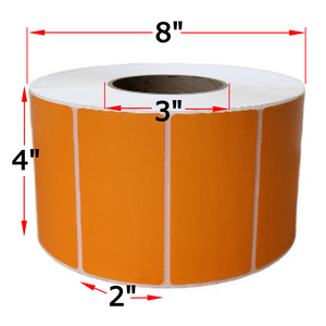 4" X 2" Orange Thermal Transfer Labels, 4 Rolls, 11500 Labels, 3" Core, 8" OD, Ribbon Required